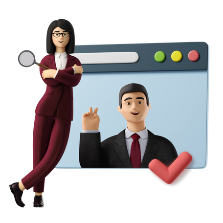 business-3d-woman-recruiter-leaning-on-browser-window-with-man-showing-v-sign-inside img_business 3d woman recruiter leaning on browser window with man showing v sign inside