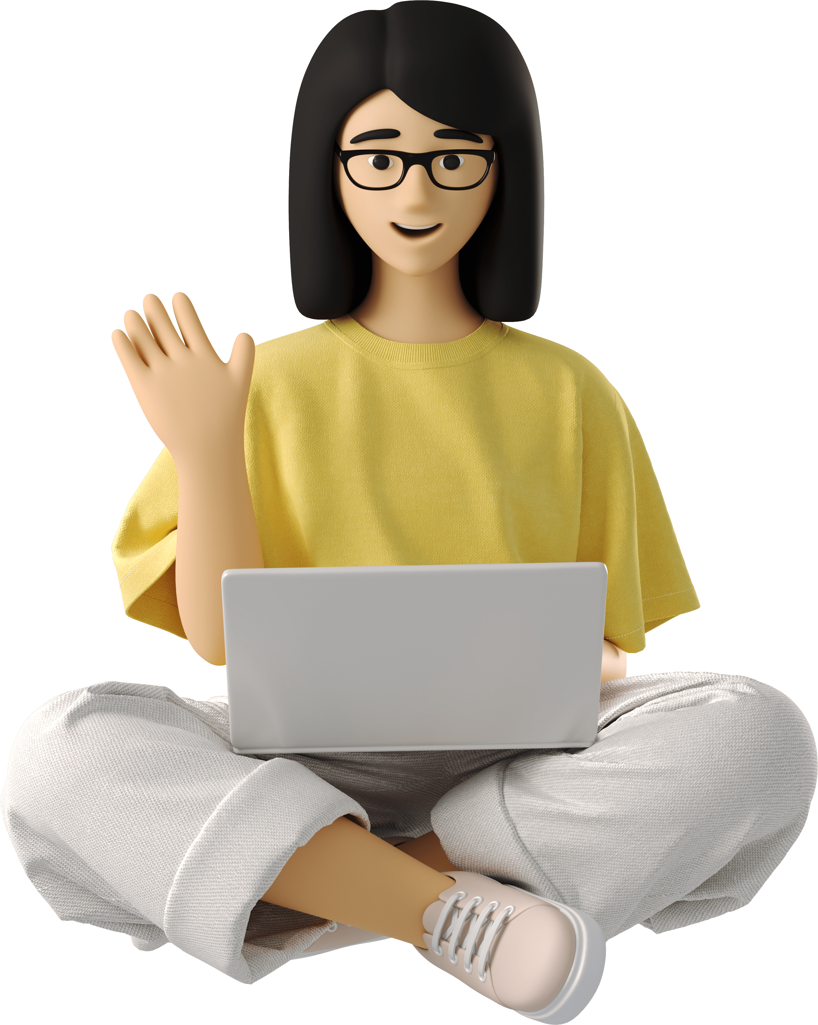 img_young woman sitting with a laptop and waving her hand min